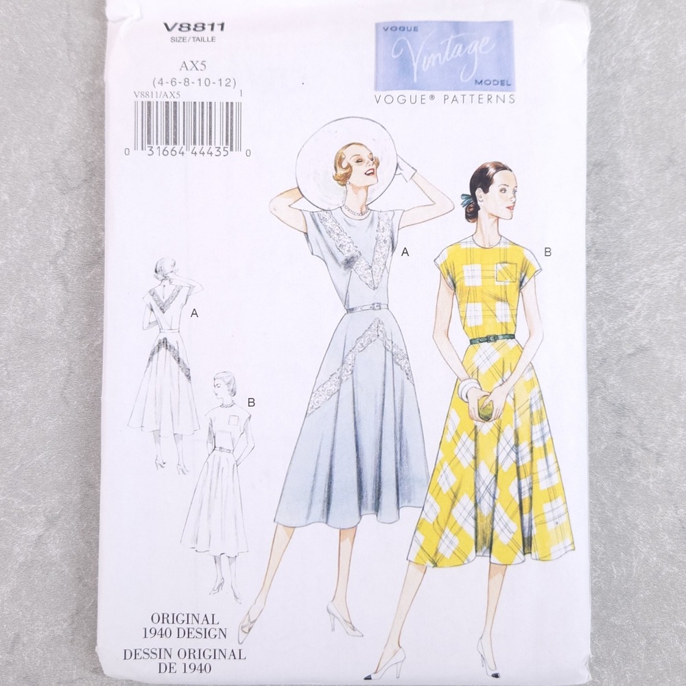 Vogue V8811 Vintage 1940 Fit Flare Dress Sewing Pattern Retro Old Hollywood 4-12